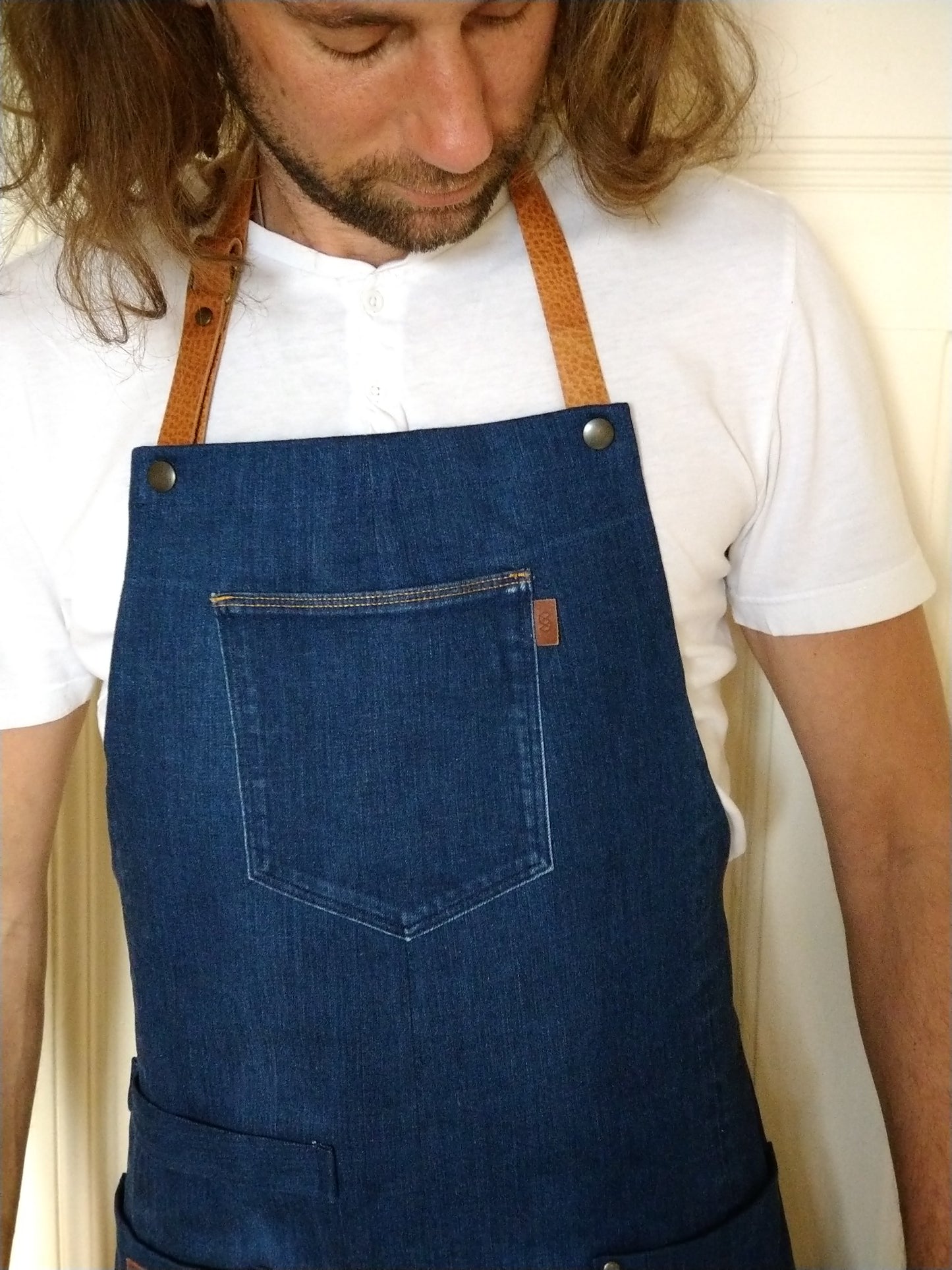 Cooking apron / grill apron made of denim medium blue with removable leather straps