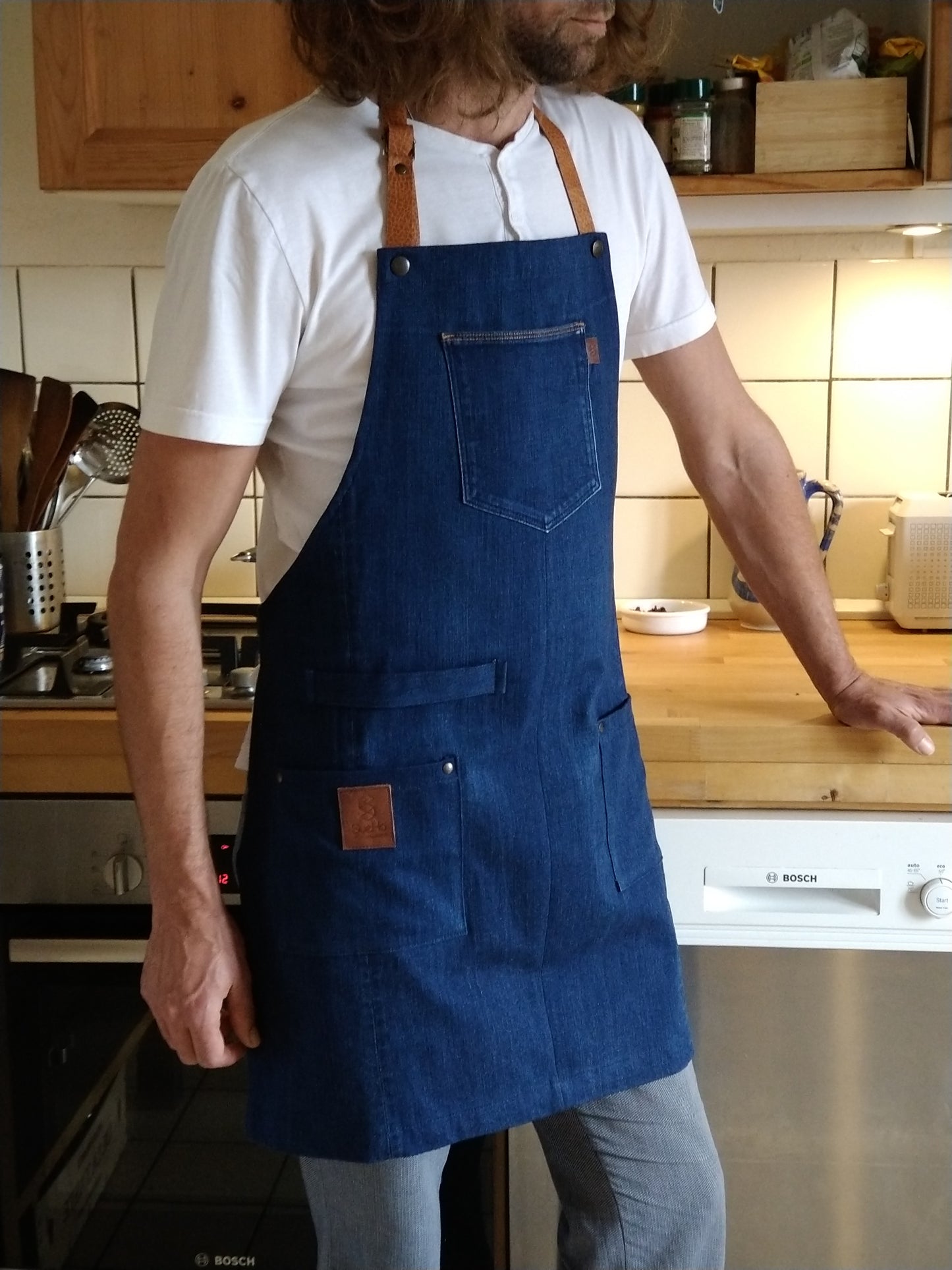 Cooking apron / grill apron made of denim medium blue with removable leather straps